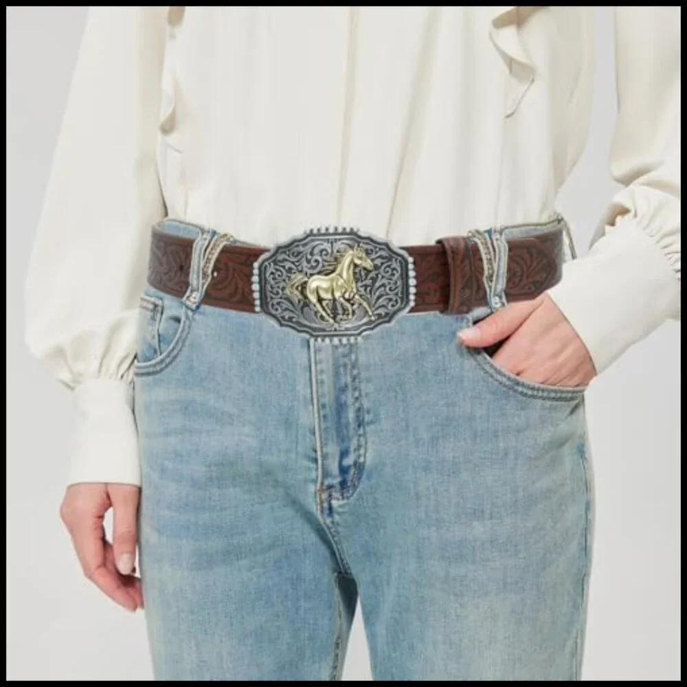 Western PU Leather Belt Floral Embossed Vintage Buckle Cowgirl Cowboy Style - Picture 2 of 7